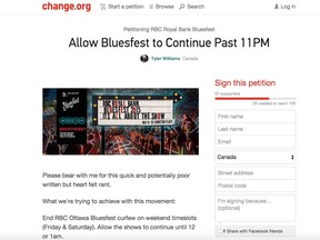 Screen grab of a petition at change.org that seeks to bring late-night shows to Bluesfest.