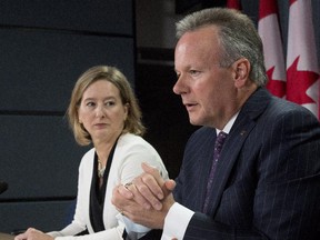 Bank of Canada Senior Deputy Governor Carolyn Wilkins (left) looks on as Governor Stephen Poloz responds to a question during a news conference in Ottawa, Wednesday July 15, 2015.
