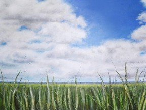 Detail of Summer Sky by Julie Berthelot in her urban forest series is at Cube Gallery in a solo exhibit until August 2.