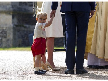 Prince George of Cambridge arrives at the Church of St Mary Magdalene on the Sandringham Estate for the Christening of Princess Charlotte of Cambridge on July 5, 2015 in King's Lynn, England.