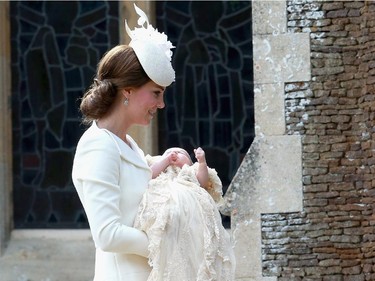 Catherine, Duchess of Cambridge and Princess Charlotte of Cambridge arrive at the Church of St Mary Magdalene on the Sandringham Estate for the Christening of Princess Charlotte of Cambridge on July 5, 2015 in King's Lynn, England.