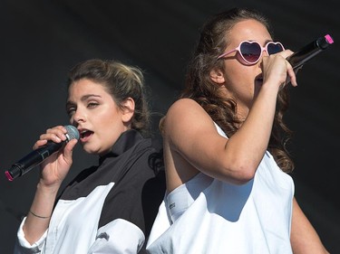 The girl-girl duo Heartstreets with Emma Beko, right, and Gab Godonas rapping and hip hopping on the Claridge Stage.