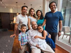 Four generations under one roof: The Kochar family includes Zara, 6, and Mikhil, 5, with their great-grandfather Sodagar (sitting), Rahul and his fiancée, Simran Narula (back left) and Madhu and Cuckoo (on right).