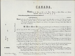 Writs to be issued for first election for the House of Commons, 1867. (Library and Archives Canada).