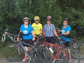 Kristin Goff, left, Lynn Campbell, Arlene Steadman and Louise Rachlis all enjoy cycling and this photo was taken during their annual Antiques of Steel triathlon. Rachlis urges everyone on the road to show each other respect.