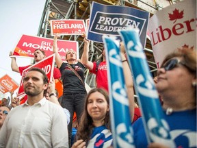 Supporters of Canada's main federal parties rally outside the site of the first leader's debate in on August 6, 2015 in Toronto, Canada.