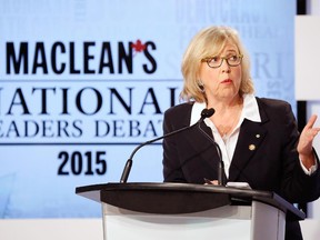 Canada's Green Party leader Elizabeth May speaks during the Maclean's National Leaders debate in Toronto, August 6, 2015. Canadians go to the polls in a national election on October 19, 2015.