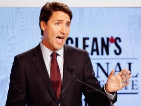 Canada's Liberal leader Justin Trudeau speaks during the Maclean's National Leaders debate in Toronto, Thursday August 6, 2015.