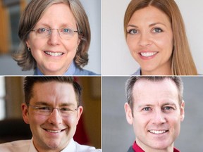 Carleton candidates (clockwise from top left): Deborah Coyne (Green), Kc Larocque (NDP), Chris Rodgers (Liberal), Pierre Poilievre (Conservative)