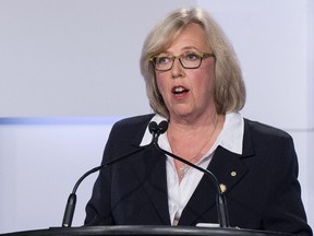 Green party Elizabeth May makes a point during the first leaders debate Thursday, August 6, 2015 in Toronto.