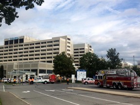 Crews respond to a gas leak at the Ottawa Hospital General campus in August. Construction equipment at the site caused a second leak Friday.