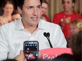 Liberal leader Justin Trudeau addresses supporters during a campaign stop Sunday in Ottawa West-Nepan riding.