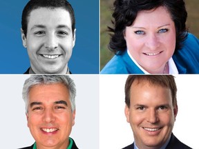 Gatineau candidates (clockwise from top left): Philippe Boily (Bloc Quebecois), Françoise Boivin (NDP), Steve MacKinnon (Liberal), Guy Dostaler (Green Party)