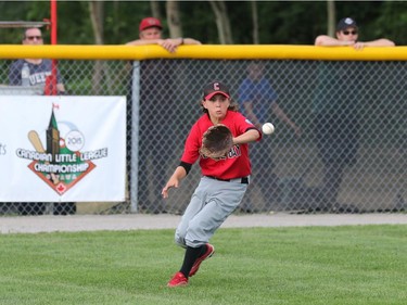 Glace Bay (Nova Scotia) McDonalds Colonels' LF #30 Wyatt Subbard gets set to field a base hit.