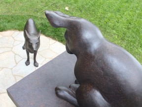 Detail of Mary Anne Barkhouse's bronze sculpture Locavore, in the quad at Carleton University.