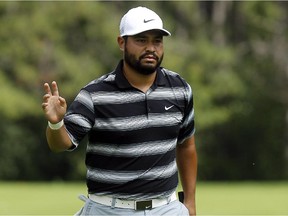 J.J. Spaun, the Mackenzie Tour money leader in 2015, acknowledges the gallery after sinking a putt during Round 1 of the Mackenzie Tour-PGA Tour Canada National Capital Open to Support Our Troops at the Hylands Golf Club on Thursday, Aug. 20, 2015. He was in a group tied for sixth after all but 18 golfers managed to complete the opening round.