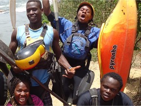 Ugandan kayaking team: Left front: Amina Tayona Right front: Yusuf Basalirwa Left back: Sadat Kawawa Right back: David Egesa