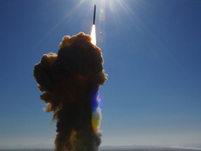 A ground-based interceptor lifts off from Vandenberg Air Force Base. The launch, designated FTG-05, was a test of the Ground-based Midcourse Defense element of the Ballistic Missile Defense System. The missile successfully intercepted a long-range target launched from Kodiak, Alaska.