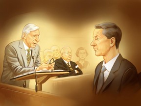 Donald Bayne, left, lawyer for former Conservative senator Mike Duffy, cross examines Nigel Wright, former Chief of Staff to Prime Minister Stephen Harper, at the Mike Duffy trial in Ottawa, on Friday, August 14, 2015 in this artist's sketch.