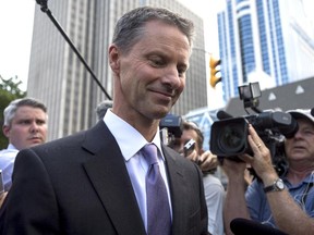 Nigel Wright, former chief of staff to Prime Minister Stephen Harper, leaves the courthouse in Ottawa following his sixth day of testimony at the trial of former Conservative Senator Mike Duffy.