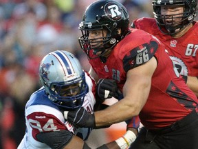 Offensive lineman Nolan MacMillan #66 of the Ottawa Redblacks.