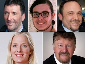 Ottawa Centre candidates, clockwise from top left: Paul Dewar (NDP), Dean T. Harris (Libertarian), Damian Konstantinakos (Conservative), Tom Milroy (Green), Catherine McKenna (Liberal)