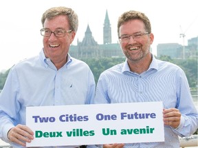 Ottawa Mayor Jim Watson, left, and Gatineau Mayor Maxime Pedneaud-Jobin announce a plan to get municipal issues front and centre.
