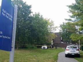 A large portion of Paul Landry Park between Twyford Street and Uplands Drive has been taped off as police investigate a body found on a pathway.