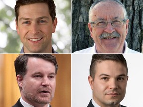 Pontiac candidates (clockwise from top left): Will Amos (Liberal), Colin Griffiths (Green), Benjamin Woodman (Conservative), Mathieu Ravignat (NDP)