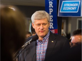 Prime Minister Stephen Harper made a brief stop to throw his weight behind local conservative candidates on Friday August 7, 2015 in Belleville, Ont.