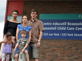 Etienne Trépanier, right, with fellow Beausoleil parents Souneeta Millington, left, and Renée Soublière, centre. The parents fear the centre will not be run by the city once renovations are complete in two years.