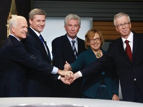Back in 2008, this is what the debaters looked like: (L-R) Jack Layton, New Democrats; Stephen Harper, Conservatives; Gilles Duceppe, Bloc Quebecois; Elizabeth May, Green Party; and Liberal leader Stephane Dion.