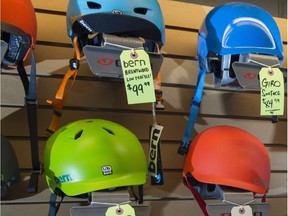 Bike helmets on display at a store in Edmonton.