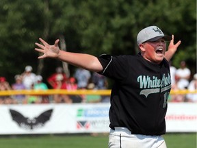 The White Rock All-Stars' Matthew Wilkinson, the winning pitcher in the championship game, begins the celebration after the final out (a strikeout) on Sunday, Aug. 16, 2015.