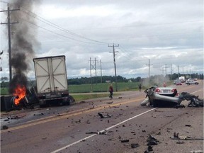 A photo posted on Twitter shows the aftermath of a fatal collision between a tractor-trailer and car near Cobden.