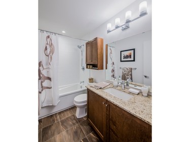 There are two and a half baths in the home, the main (shown here) and ensuite down on the bedroom level and a powder room on the main level.