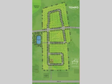 Tempo in Kemptville will see about 150 homes on 23 acres between Highway 43 and County Road 44. Lots range from 33 to 60 feet wide. (The grey lots are the model homes.)