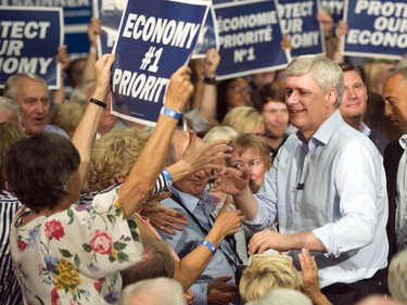 Conservative Leader Stephen Harper greets supporters at a rally in Peterborough, Ont., on Monday, September 21, 2015. THE CANADIAN PRESS/Ryan Remiorz