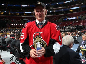 Filip Chlapik reacts after being selected 48th overall by the Ottawa Senators during the 2015 NHL Draft on June 27, 2015 in Sunrise, Florida.