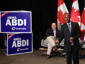 Abdul Abdi (centre) kicked-off his election campaign with a event at Centrepointe in Nepean (Ottawa), Wednesday, August 12, 2015. Ministers Jason Kenney (left) and Pierre Poilievre (right) were there to lend their support. Abdi is running as the Conservative candidate in the riding of Ottawa West-Nepean.