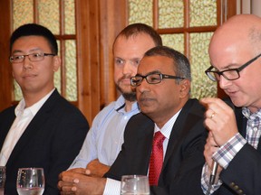 Candidates (from L to R) Andy Wang, Jean-Luc Cooke, Chandra Arya and Sean Devine in the Nepean all-candidates debate hosted by the Indo-Canadian Cultural Centre.