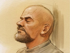 Sketch of Basil Joseph Borutski, 57, in Pembroke court Wednesday Sept. 23 2015, charged with three counts of first-degree murder.