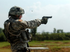 FORT CAMPBELL, KY – 2nd Lt. Hannah Leadbetter, the maintenance platoon leader with the 2nd Battalion, 502nd Infantry Regiment, 2nd Brigade Combat Team, 101st Airborne Division (Air Assault), shoots the M-9 pistol for the Marksmanship Competition during the Week of the Eagles, Aug. 14. Leadbetter, who won the M-9 pistol segment of the competition, has been on the United States Military Academy national championship team for pistol shooting.
US Army photo by Spc. Joe Padula
2BCT PAO 101st, (ABN DIV)
090814-A-8556P-002