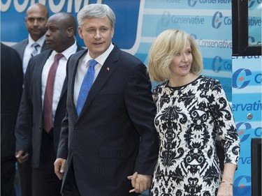 Conservative Leader Stephen Harper and wife, Laureen, arrive for the Munk Debate on foreign affairs, in Toronto, on Monday, September 28, 2015.