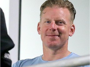 Daniel Alfredsson smiles  as the Ottawa Senators are given a fitness test affectionately nicknamed the Finnegan Five by the conditioning staff on the first day of on ice training, on September 18.