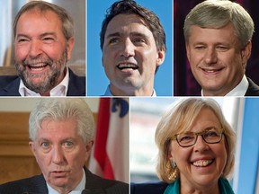 Federal party leaders: L-R top row: Tom Mulcair, NDP; Justin Trudeau, Liberal; Stephen Harper, Conservative L-R bottom row: Gilles Duceppe, Bloc; Elizabeth May, Green
