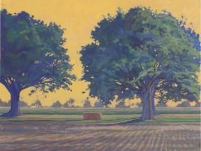 This oil painting, called Maple Trees & Haybale, Morning Side Lane, Experimental Farm, is by David W. Jones, one of the artists in the West End Studio Tour.