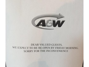 A notice at the A&W outlet in the St. Laurent Centre says the fast-food restaurant expects to reopen on Friday.