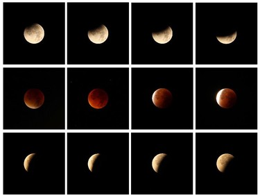A combo of twelve pictures shows a total lunar eclipse in Gaiberg near Heidelberg, southwestern Germany, on September 28, 2015. Skygazers were treated to a rare astronomical event when a swollen "supermoon" and lunar eclipse combined for the first time in decades, showing Earth's satellite bathed in blood-red light.