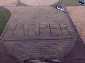 Unverified image purporting to be a message of support for Stephen Harper plowed into an Alberta farm.